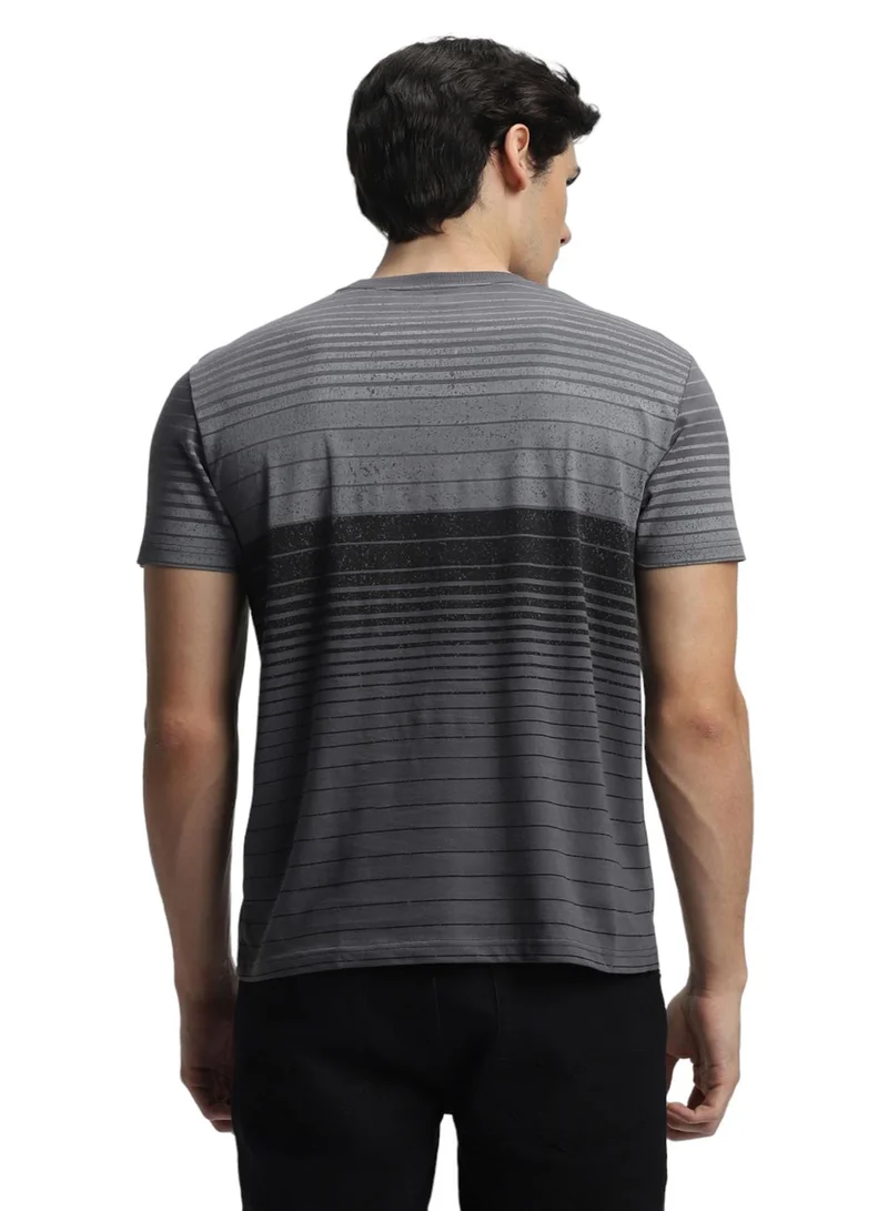 Dennis Lingo Grey Slim Fit Striped Crew Neck T-shirt for Men - 100% Cotton, Short Sleeve, Casual