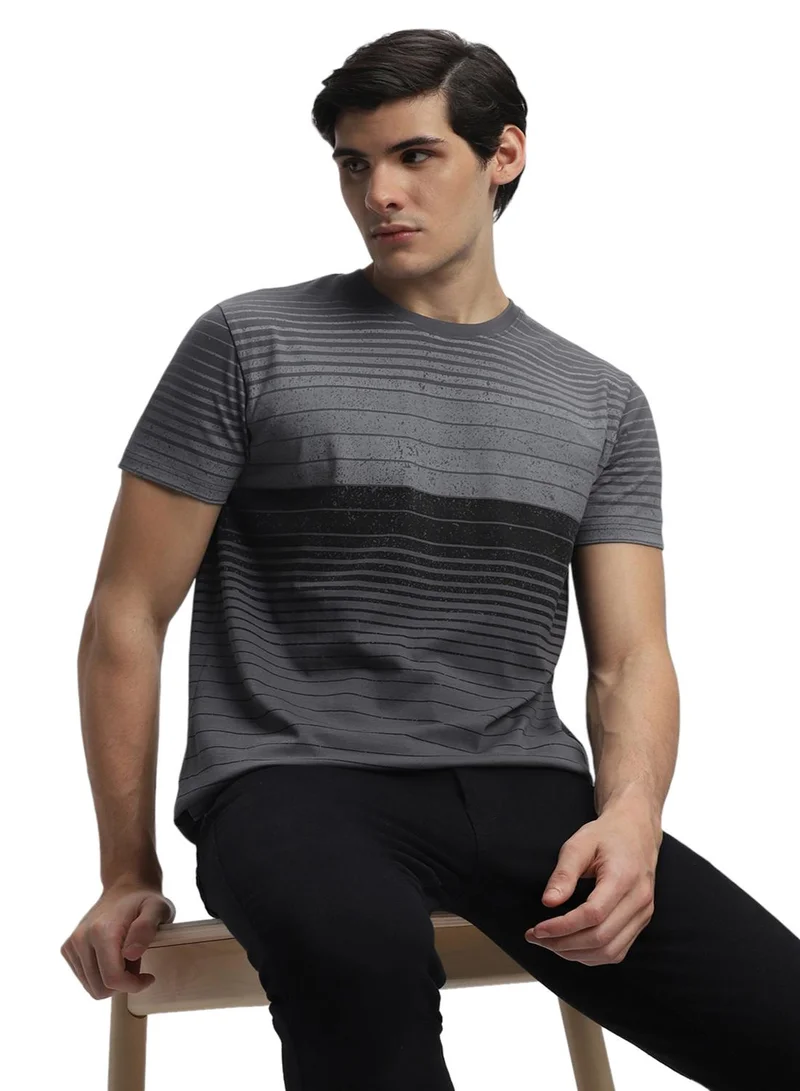 Dennis Lingo Grey Slim Fit Striped Crew Neck T-shirt for Men - 100% Cotton, Short Sleeve, Casual