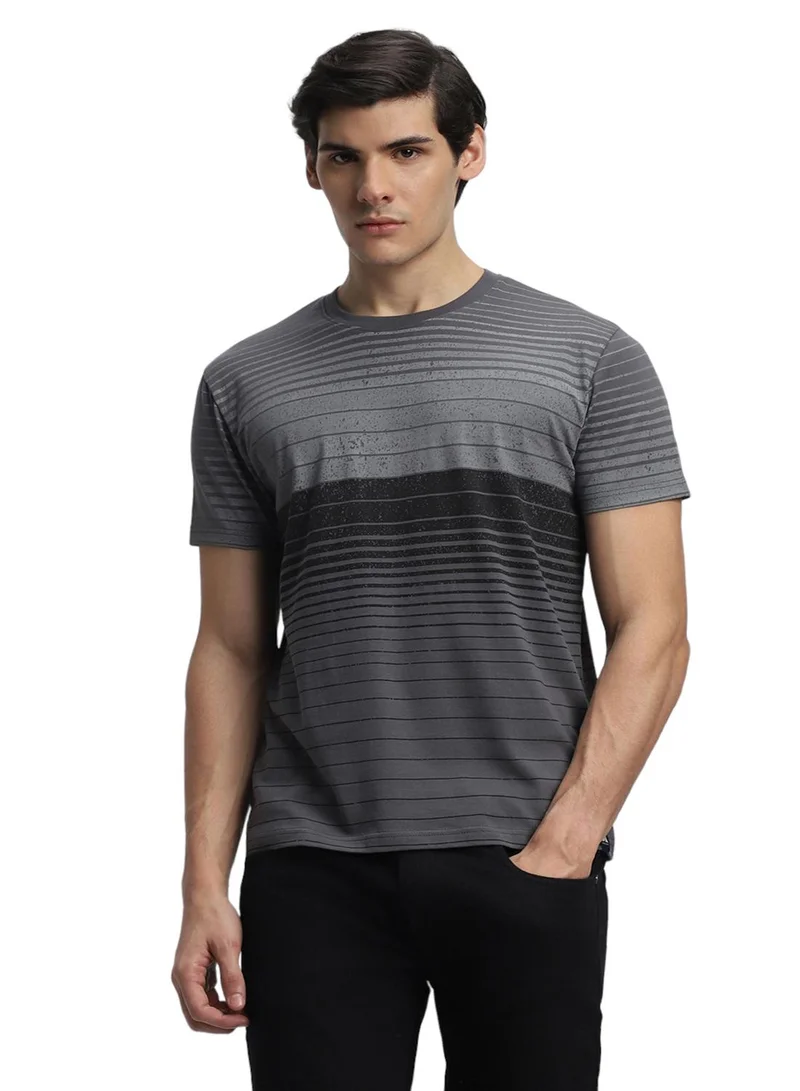 Dennis Lingo Grey Slim Fit Striped Crew Neck T-shirt for Men - 100% Cotton, Short Sleeve, Casual