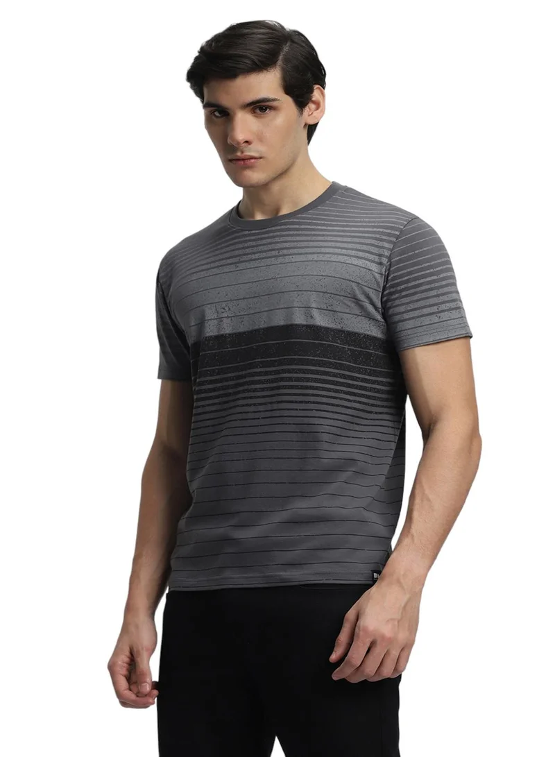 Dennis Lingo Grey Slim Fit Striped Crew Neck T-shirt for Men - 100% Cotton, Short Sleeve, Casual