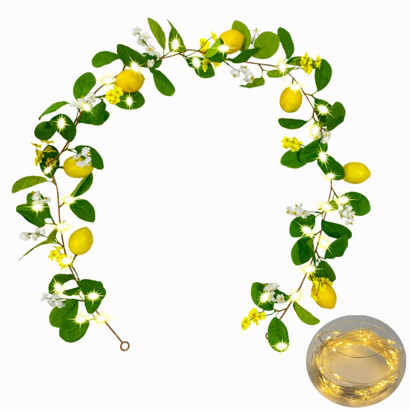 Hamifinee Artificial Lemon Garland with Fairy Lights Spring Summer Greenery Lemon Vine Plant Vivid Fruit Dense White and Yellow Flowers Hanging Wreath for Home Garden Wedding Party Christmas DÃ©cor - Image 1