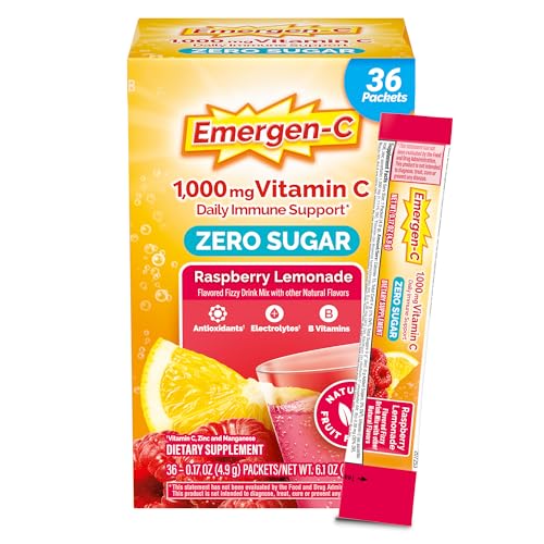 EmergenC Zero Sugar 1000 mg Vitamin C Powder for Daily Immune Support Caffeine Free Vitamin C Supplements with Zinc and Manganese B Vitamins and Electrolytes Raspberry Lemonade Flavor  36 Count