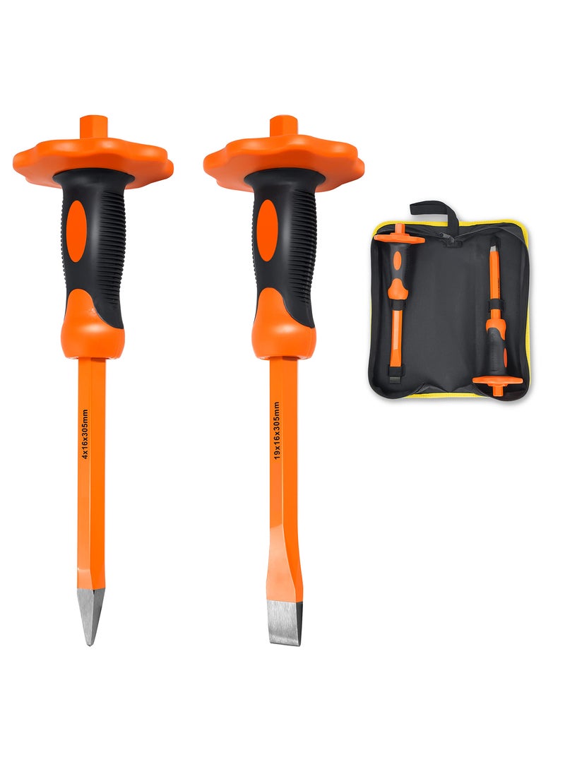 KOTTO KOTTO 2 Pack Heavy Duty 12-Inch Chisels Set With Hand Protection, Point Chisel and Flat Chisel for Demolishing/Masonry/Carving/Concrete Breaker with Storage Case  - Image 1