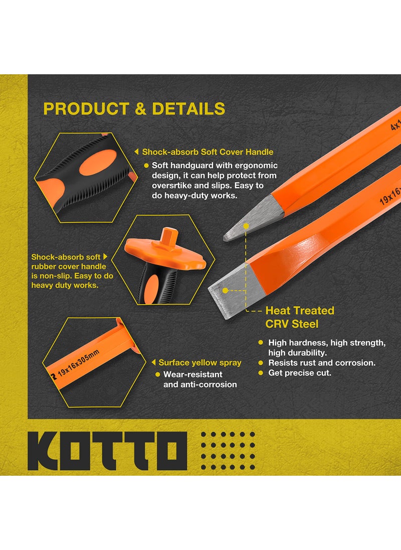 KOTTO KOTTO 2 Pack Heavy Duty 12-Inch Chisels Set With Hand Protection, Point Chisel and Flat Chisel for Demolishing/Masonry/Carving/Concrete Breaker with Storage Case  - Image 3