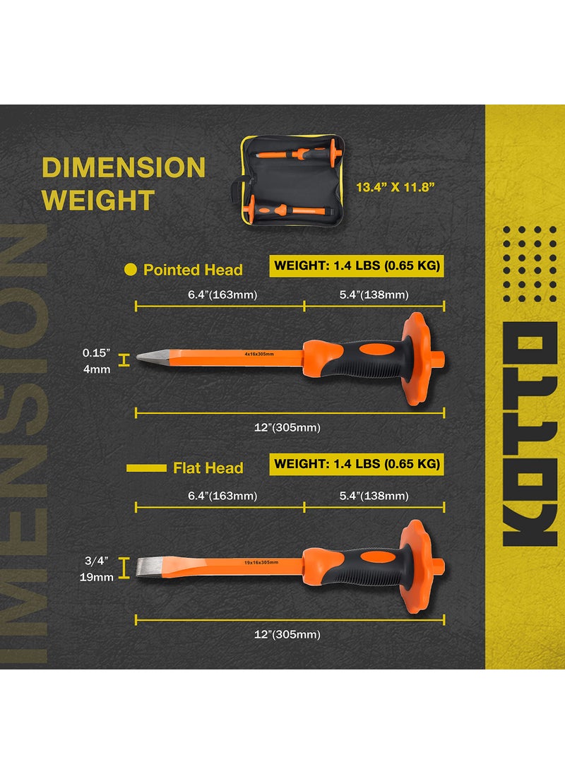 KOTTO KOTTO 2 Pack Heavy Duty 12-Inch Chisels Set With Hand Protection, Point Chisel and Flat Chisel for Demolishing/Masonry/Carving/Concrete Breaker with Storage Case  - Image 5