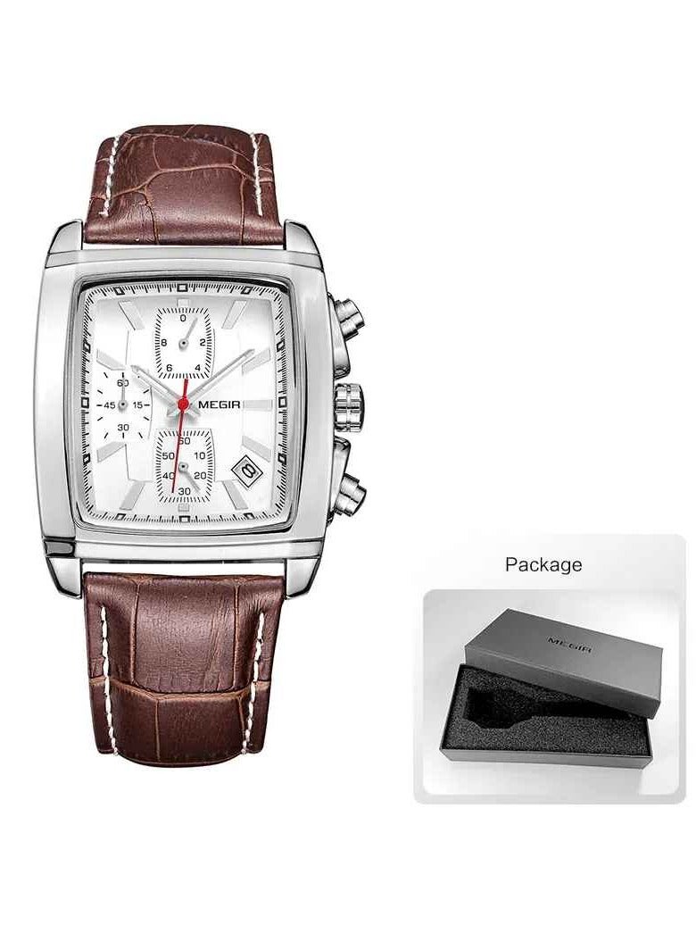 ميجر ساعة تناظرية للرجال، ساعة بمينا مستطيل بحزام جلدي، ساعة معصم كرونوغراف مضيئة للرجال، ساعة كوارتز عسكرية مريحة وخفيفة الوزن للرجال، (قطعة واحدة، بني وأبيض) - Image 1
