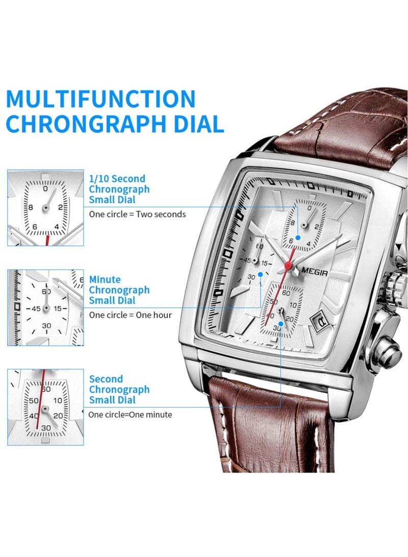 ميجر ساعة تناظرية للرجال، ساعة بمينا مستطيل بحزام جلدي، ساعة معصم كرونوغراف مضيئة للرجال، ساعة كوارتز عسكرية مريحة وخفيفة الوزن للرجال، (قطعة واحدة، بني وأبيض) - Image 2