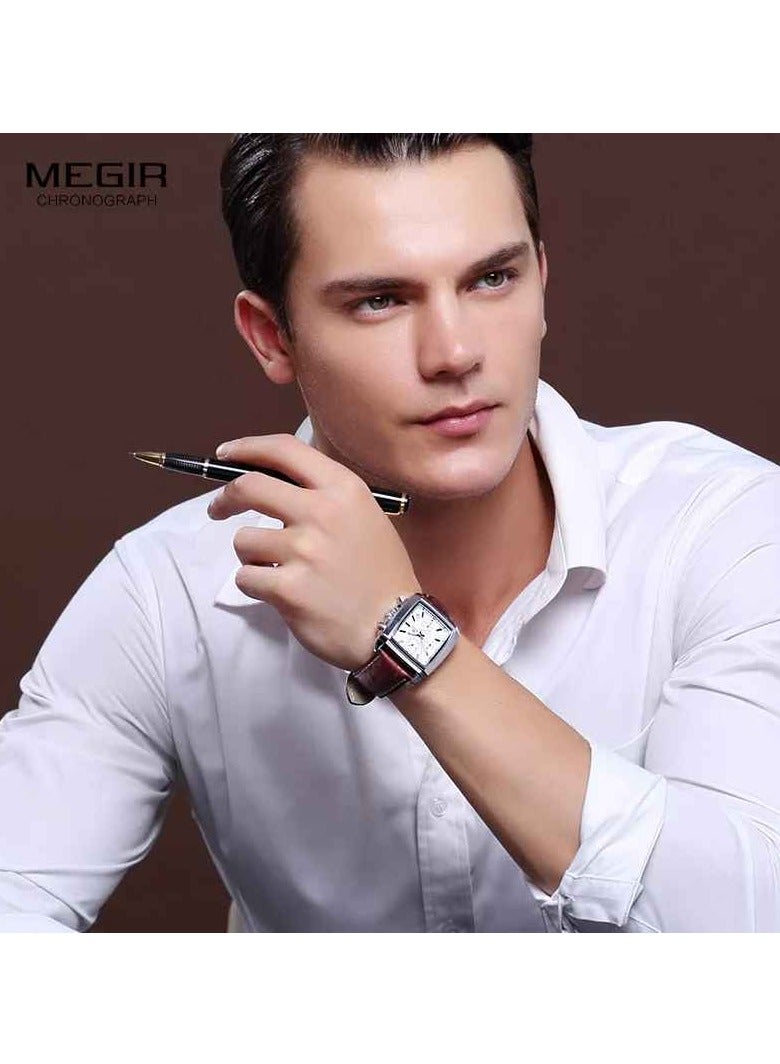 ميجر ساعة تناظرية للرجال، ساعة بمينا مستطيل بحزام جلدي، ساعة معصم كرونوغراف مضيئة للرجال، ساعة كوارتز عسكرية مريحة وخفيفة الوزن للرجال، (قطعة واحدة، بني وأبيض) - Image 4
