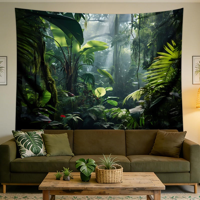 QGHOT Jungle Tapestry Wall Hanging Tropical Rainforest Backdrop Green Palm Leaves Tapestry Extra Large Forest Wall Art for Bedroom Living Room Office Decor 90x70in - Image 1