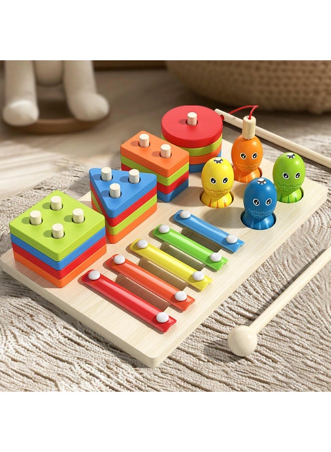 F.A.M.S Montessori Wooden 5-in-1 Activity Board – Shape Sorting, Stacking Blocks, Color Xylophone, Magnetic Fishing & Fine Motor Skill Toy – Early Learning Educational Board for Toddlers - Image 1