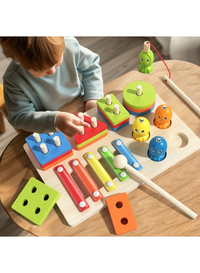 F.A.M.S Montessori Wooden 5-in-1 Activity Board – Shape Sorting, Stacking Blocks, Color Xylophone, Magnetic Fishing & Fine Motor Skill Toy – Early Learning Educational Board for Toddlers - Image 2