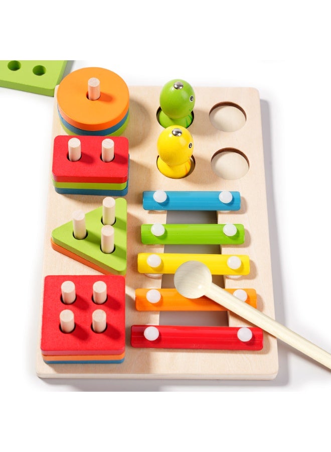 F.A.M.S Montessori Wooden 5-in-1 Activity Board – Shape Sorting, Stacking Blocks, Color Xylophone, Magnetic Fishing & Fine Motor Skill Toy – Early Learning Educational Board for Toddlers - Image 3