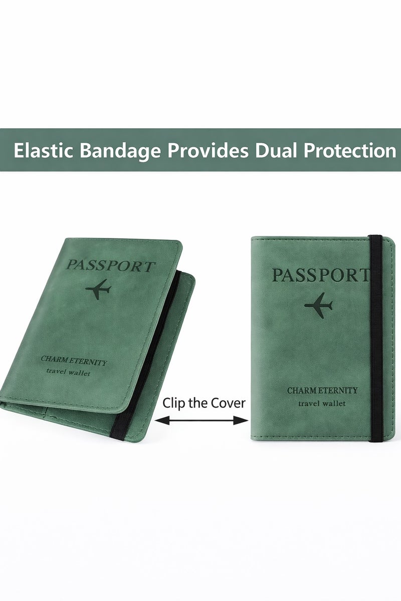 Green Passport Holder Wallet Cover Case with RFID Blocking, PU Leather Travel Document Holder for Men & Women - Image 2