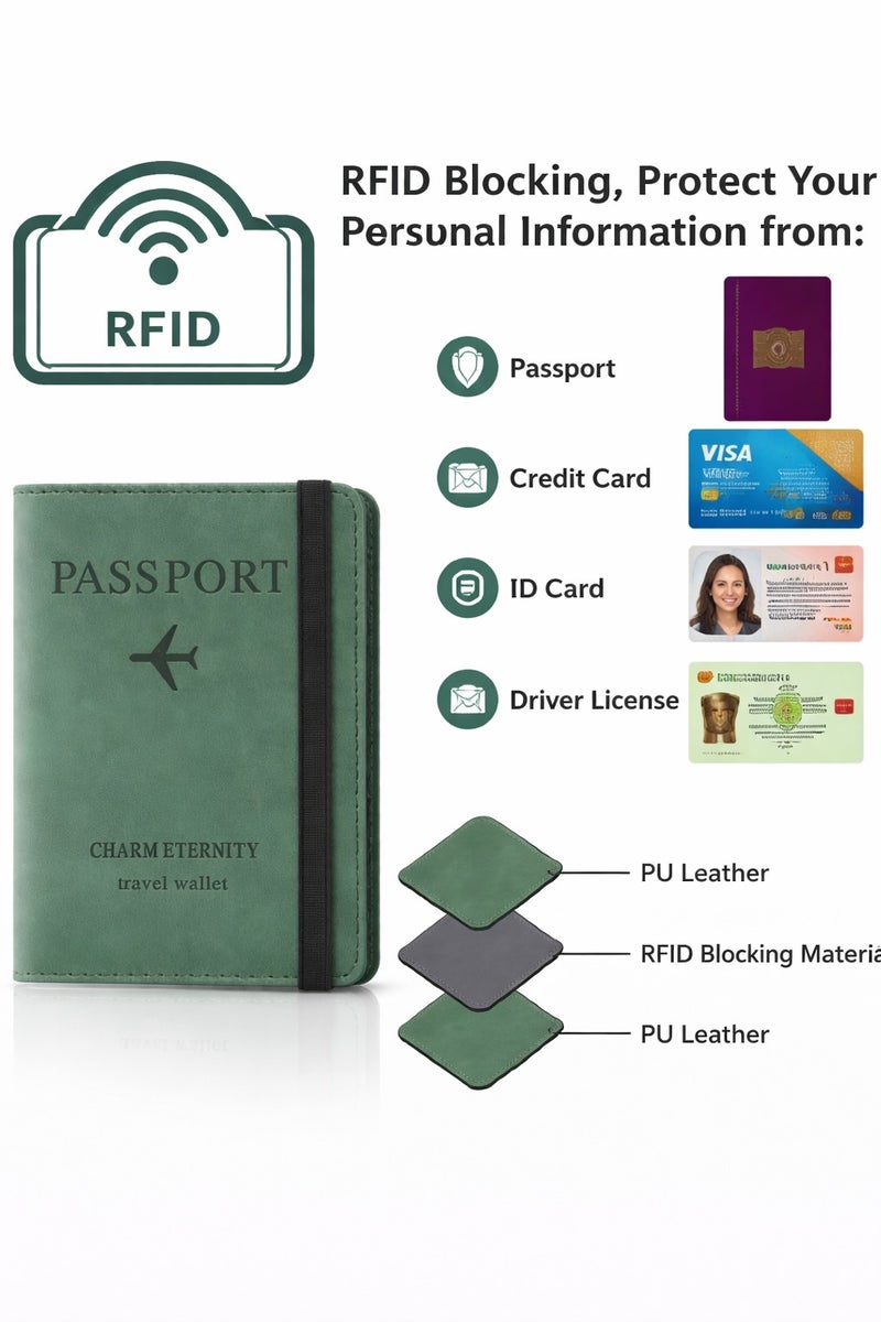 Green Passport Holder Wallet Cover Case with RFID Blocking, PU Leather Travel Document Holder for Men & Women - Image 3