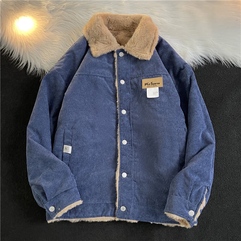 Mens Corduroy Cotton Jacket Autumn Winter Harajuku Streetwear Hip Hop Sherpa Coat Grey - Image 2