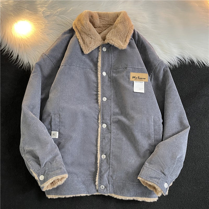 Mens Corduroy Cotton Jacket Autumn Winter Harajuku Streetwear Hip Hop Sherpa Coat Grey - Image 1
