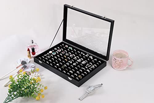 Pengup 100 Slots Ring Case Organizer Display Box,Rings Holder Storage Boxes for Jewelry Showcase with Glass Lid (Black Velvet). - Image 5