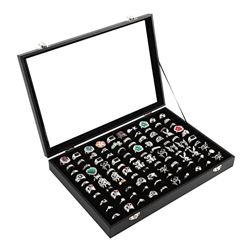 Pengup 100 Slots Ring Case Organizer Display Box,Rings Holder Storage Boxes for Jewelry Showcase with Glass Lid (Black Velvet). - Image 1