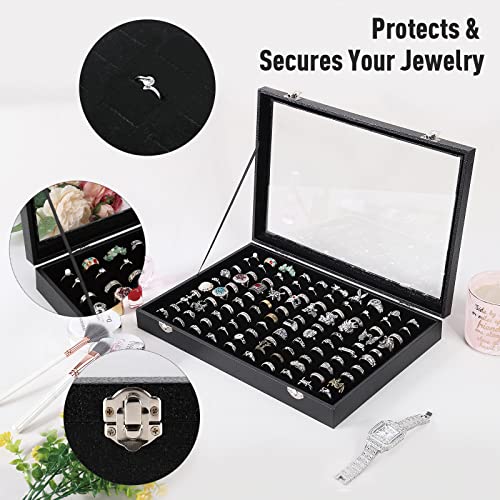 Pengup 100 Slots Ring Case Organizer Display Box,Rings Holder Storage Boxes for Jewelry Showcase with Glass Lid (Black Velvet). - Image 3