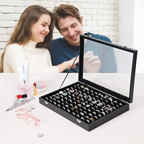 Pengup 100 Slots Ring Case Organizer Display Box,Rings Holder Storage Boxes for Jewelry Showcase with Glass Lid (Black Velvet). - Image 2