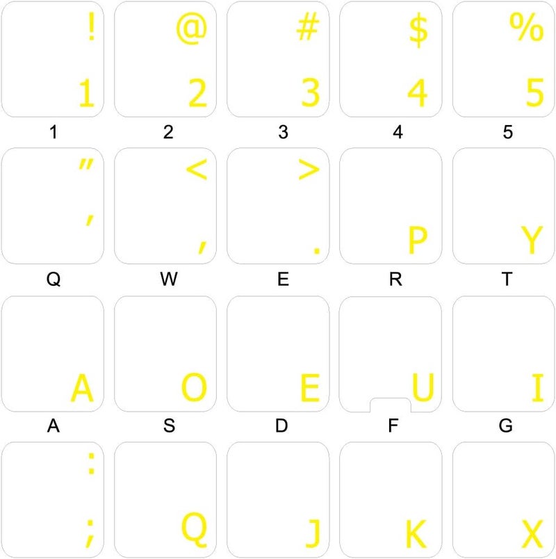 4Keyboard Dvorak Keyboard Decals ON Transparent Background with Blue, Orange, RED, White OR Yellow Lettering (Yellow) - Image 1
