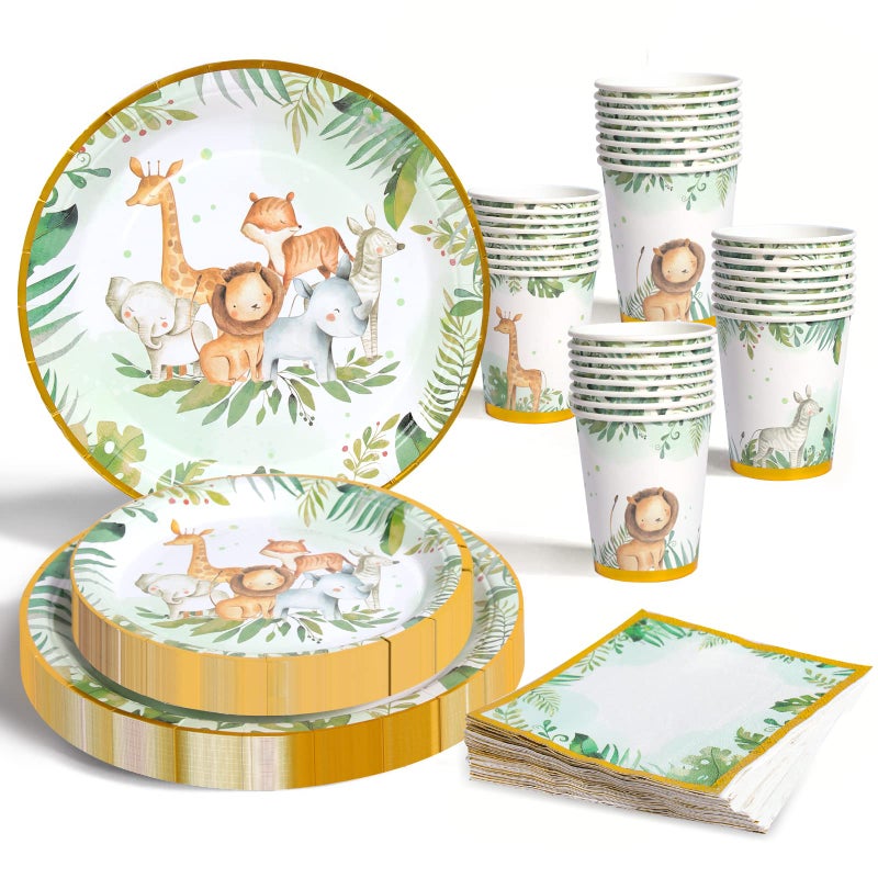 Patimate Jungle Safari Theme Party Tableware Set Kids Birthday Party Supplies 96pcs Paper Plates and Napkins Cups Disposable Baby Shower Plates and Napkins Party Tableware Dinnerware for Birthday Baby Shower
