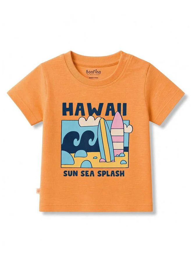 Bonfino Bonfino Pack Of 2 100% Cotton Slub Printed T-Shirt & Shorts Set - White/Orange