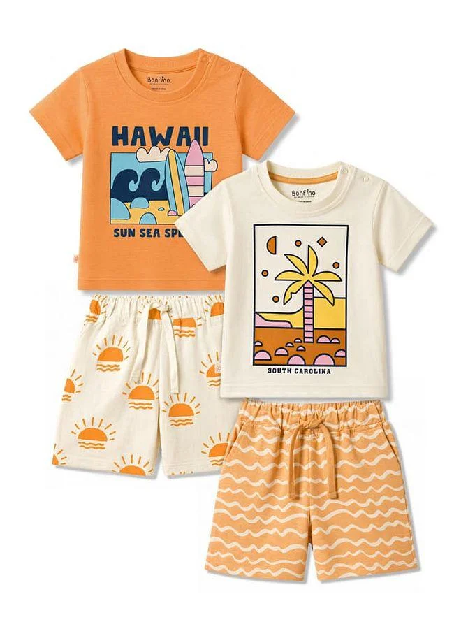 Bonfino Bonfino Pack Of 2 100% Cotton Slub Printed T-Shirt & Shorts Set - White/Orange