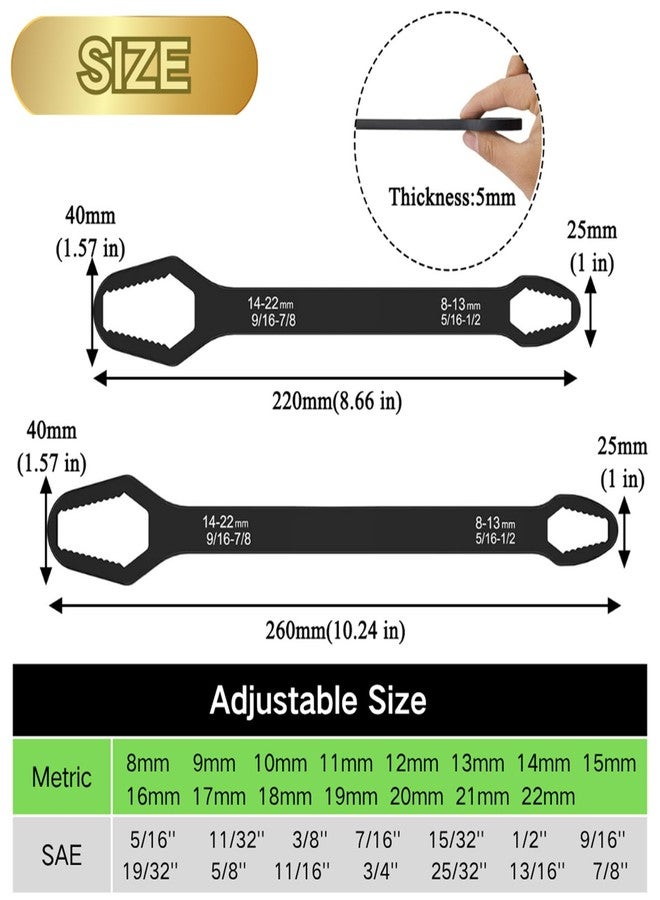 Teocpai 2 Pcs Black Universal Wrench Set, 8-22mm Universal Multifunctional Wrench, 220mm and 260mm Length Double Ended Self-Tightening Wrench - Image 2