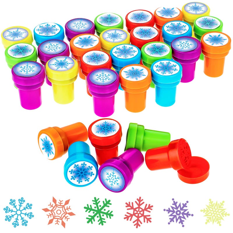 WILLBOND 36 Pieces Snowflake Stamps Winter Stamps Bulk Plastic Colored Self Ink Assorted Snowflake for Card Making Christmas Party Favors 6 StylesColorful - Image 2