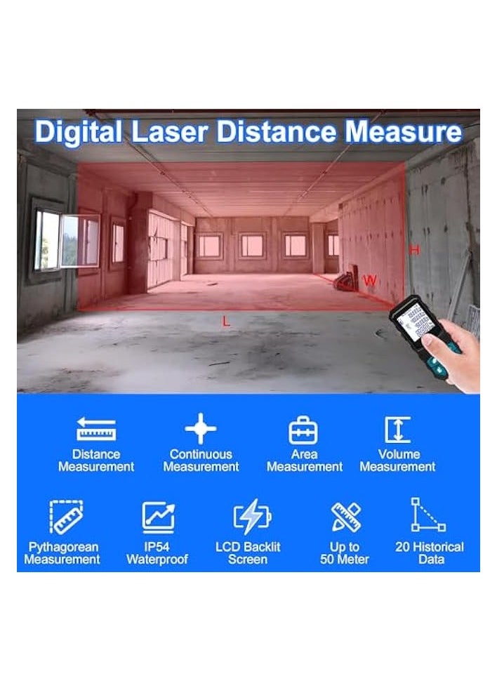 PROMASS Laser Distance Measure Meter 50M Digital Laser Rangefinder Tape Portable Electronic Measuring Device Measure Area Volume Angle Pythagorean with LCD Display IP54 Waterproof (Blue & Black)  - Image 2