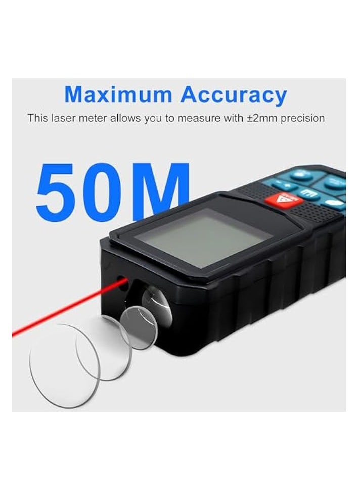 PROMASS Laser Distance Measure Meter 50M Digital Laser Rangefinder Tape Portable Electronic Measuring Device Measure Area Volume Angle Pythagorean with LCD Display IP54 Waterproof (Blue & Black)  - Image 3