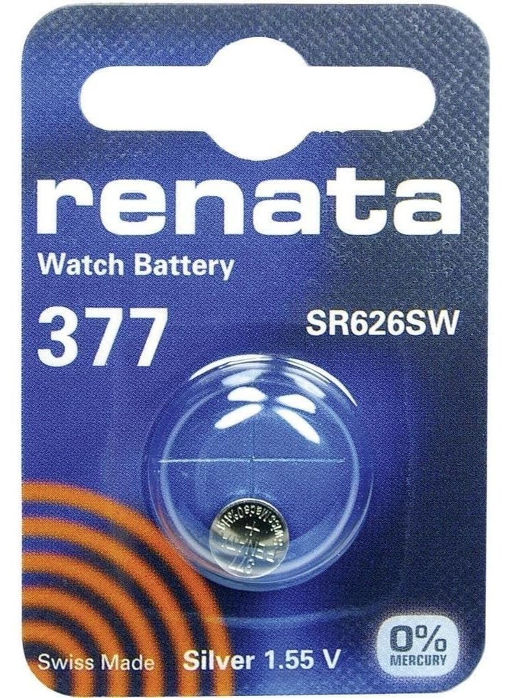 Renata Pack of 1 Silver Oxide 1.55V Watch Battery 377 SR626SW- Swiss Made Zero Mercury Button Cells - Image 1