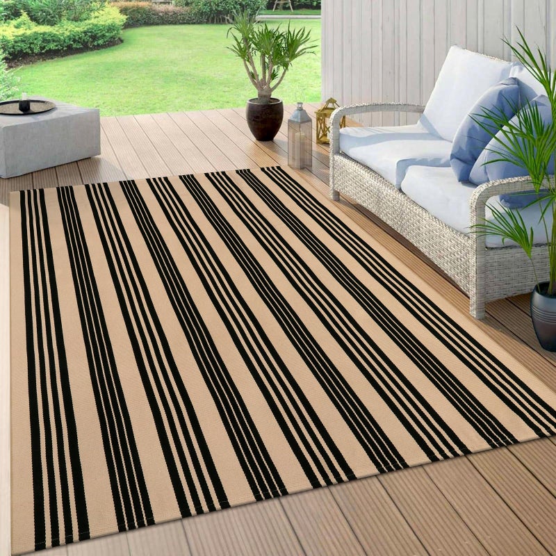OJIA Outdoor Patio Rug 5'x7', Black and Tan Striped Outdoor Rugs Machine Washable Area Rugs Cotton Hand Woven Indoor Outdoor Rugs for Bedroom/Living Room/Front Porch/Deck/Backyard/Camping - Image 2