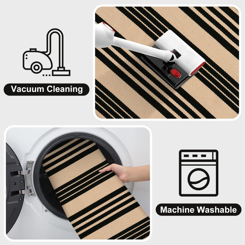 OJIA Outdoor Patio Rug 5'x7', Black and Tan Striped Outdoor Rugs Machine Washable Area Rugs Cotton Hand Woven Indoor Outdoor Rugs for Bedroom/Living Room/Front Porch/Deck/Backyard/Camping - Image 5