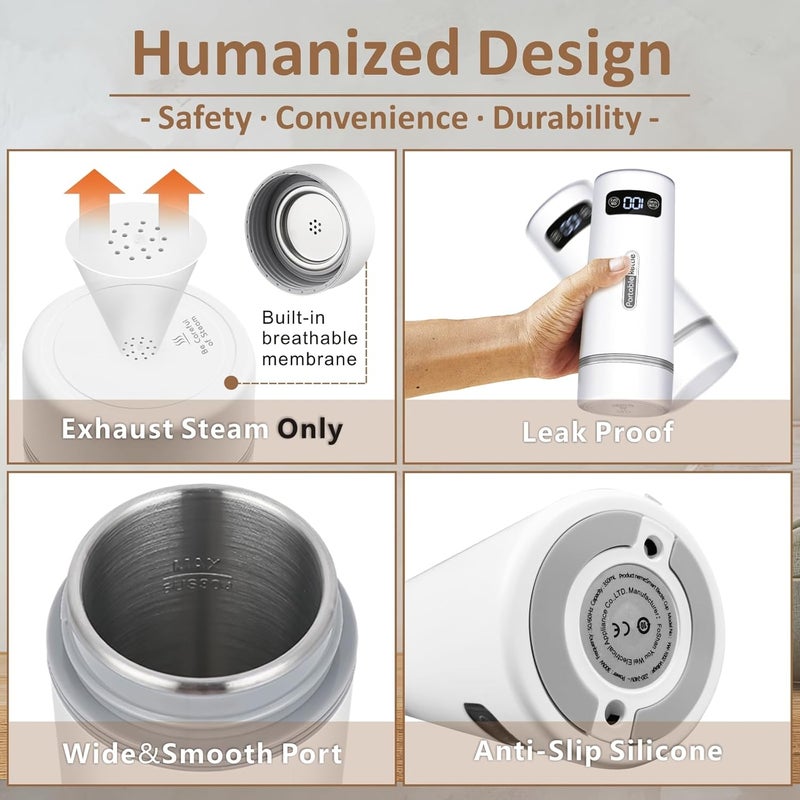 YIMI Portable Electric Kettle for Travel, Mini Hot Water Boiler for Tea Coffee Milk, 350ml Stainless Steel Small Water Kettle Heater with 4 Adjustable Temperature, Keep Warm, Auto Off for Trip, Office, Car - Image 5