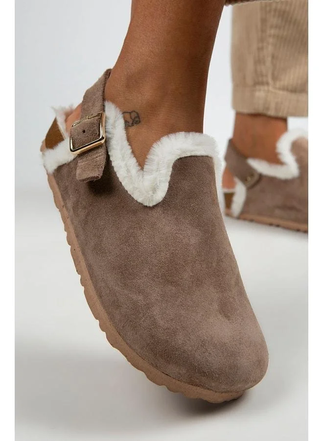 Holly Fur Women's Genuine Leather Belted Buckle Fur Beige Suede Sandals.
