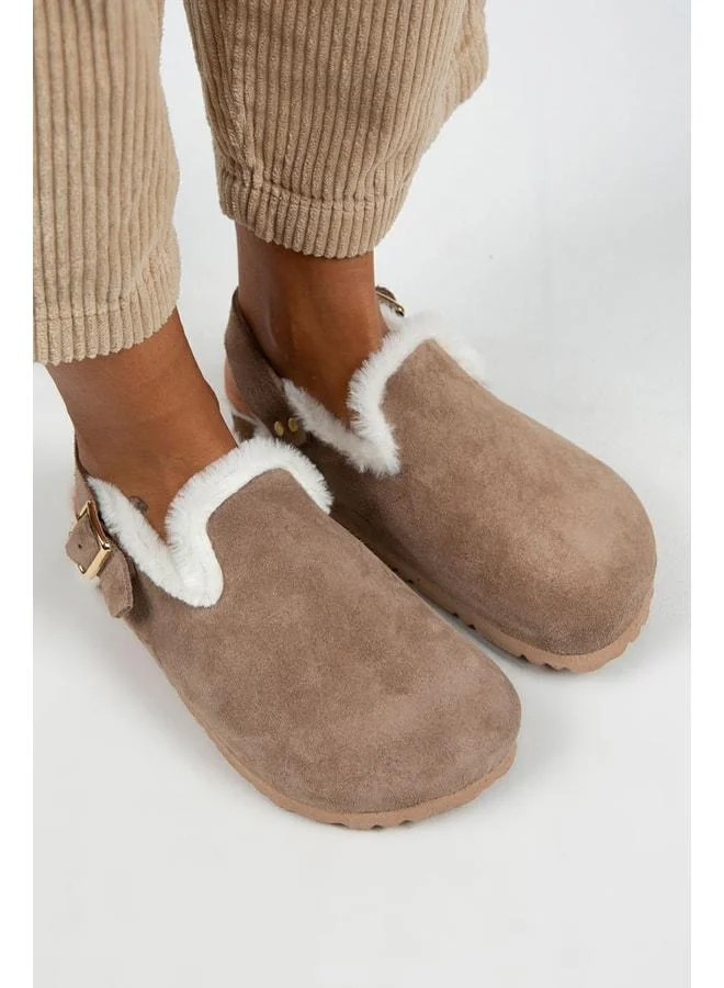 Manijero  Holly Fur Women's Genuine Leather Belted Buckle Fur Beige Suede Sandals. for Women | Best Price UAE