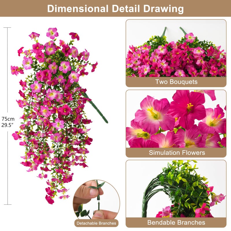 ZFProcess Artificial Hanging Flowers Plants for Outdoor Spring Summer Decoration, 2PCS Faux Silk Morning glory UV Resistant Look Real for Outside Home Indoor Planter Porch Garden Yard Decor(Purple Red Pink) - Image 2