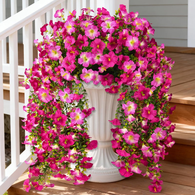 ZFProcess Artificial Hanging Flowers Plants for Outdoor Spring Summer Decoration, 2PCS Faux Silk Morning glory UV Resistant Look Real for Outside Home Indoor Planter Porch Garden Yard Decor(Purple Red Pink) - Image 1