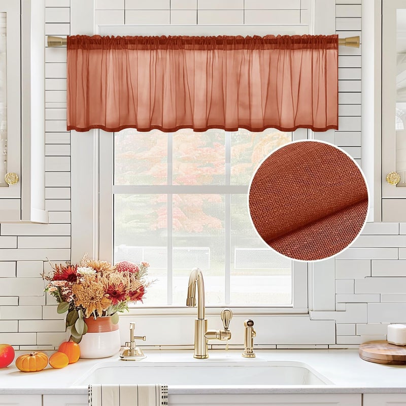 MIULEE Terracotta Sheer Valance Linen Textured Look Half Window Curtain Farmhouse Small Drape for Kitchen Cafe Living Room Rod Pocket Fall Home Decor Valance 1 Panel 60 W x 18 L