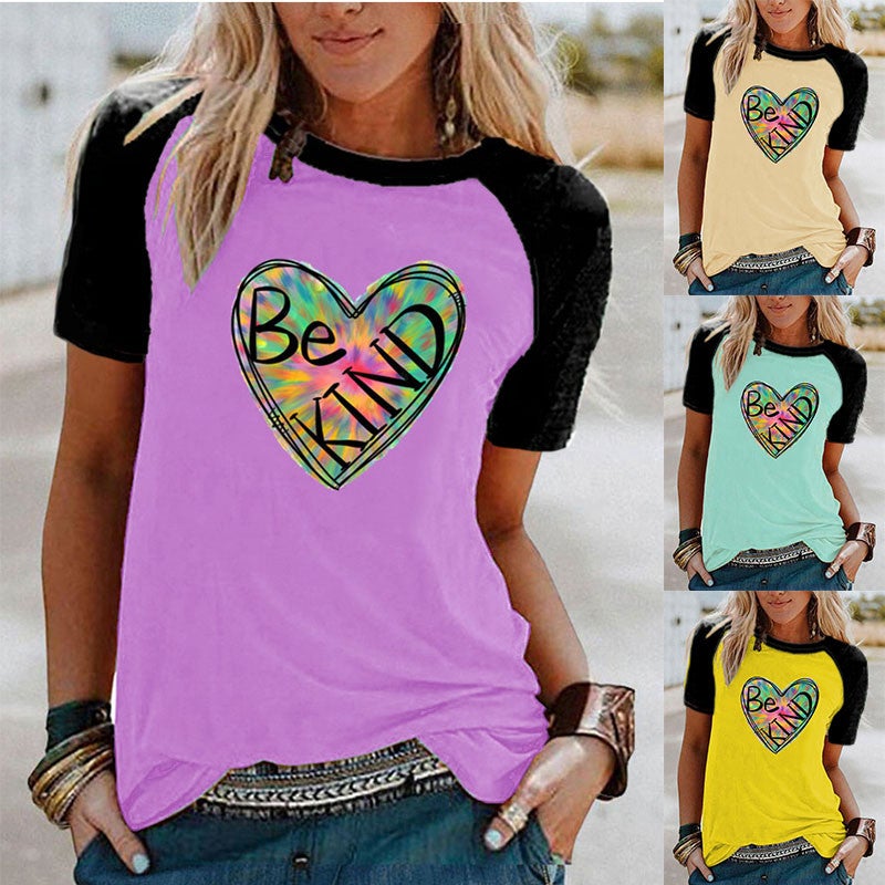 Wish Kind Love Pattern Printed Raglan Contrast Short Sleeve T-Shirt - Image 2