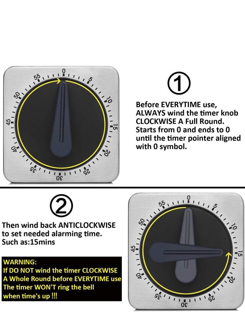 SYOSI - Timer Kitchen Timer 60 Minute Timing with 80dB Alarm Sound Magnetic Countdown Timer Home Baking Cooking Steaming Manual Timer Stainless Steel Face Mechanical Timer (New Timer) - Image 1