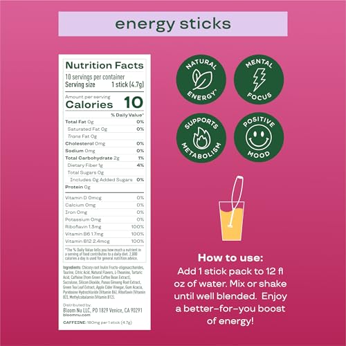 Bloom Nutrition Energy Drink Powder Packets, Sugar Free Energy Drink Mix with L-Theanine, B Vitamins & Natural Caffeine, On the Go Powder Sticks for Natural Energy, 10 Calories (10 Pouches (Pack of 1), Cherry Lime) - Image 4