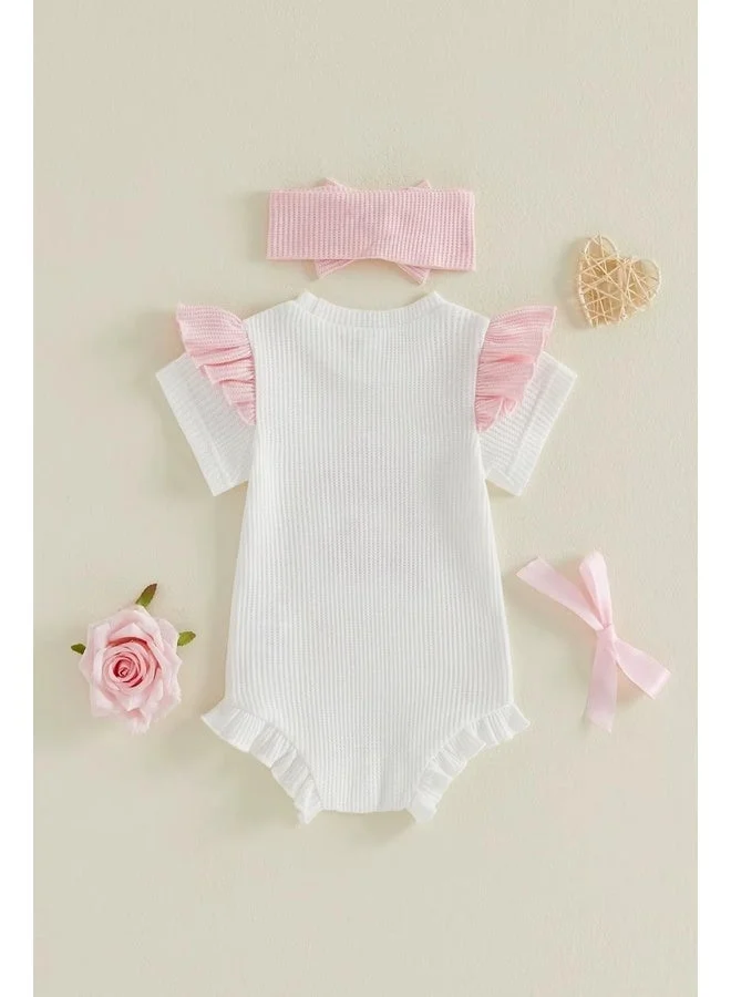 Matching Family Outfits Baby Girl Little Sister Romper with Bow Headband, White Textured Onesie Outfit, Pink Ruffle Sleeve Infant Bodysuit for Newborn Baby Shower Gift, Photography, Birthday, Daily Wear