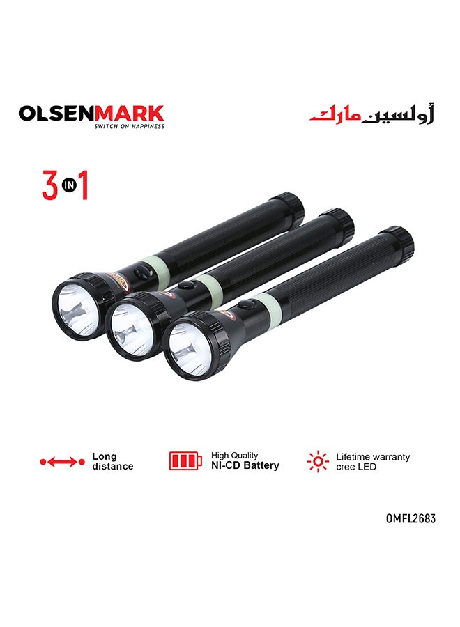 Olsenmark 3 In1 Rechargeable LED Flashlight Torch Black/White 158grams - Image 1
