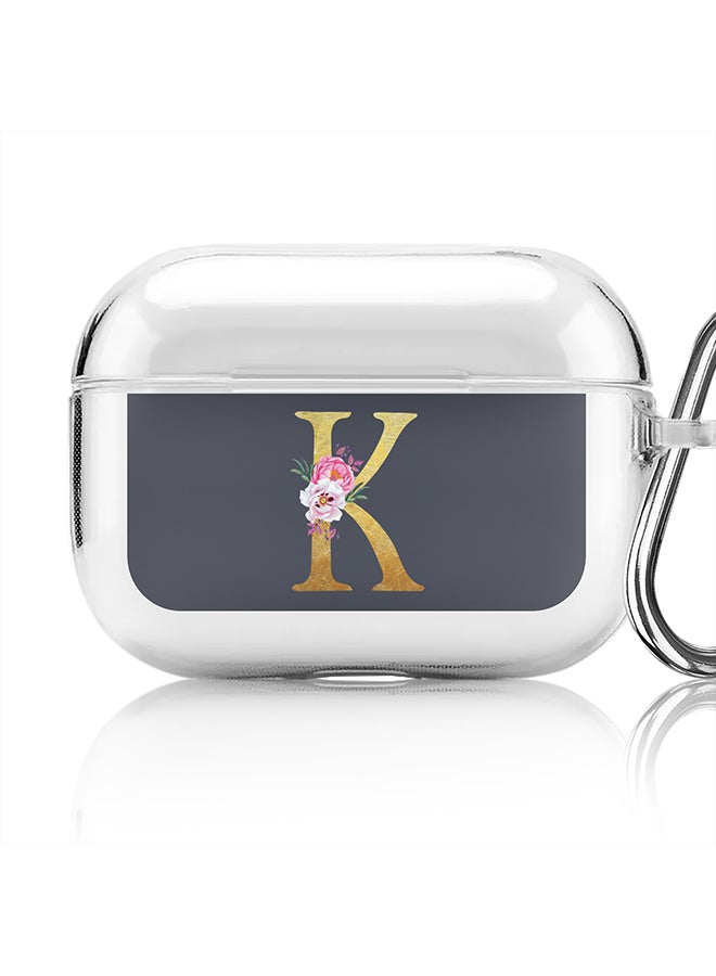 Stylizedd Classic Clear printed Case for Apple AirPods Pro 2nd Generation Thin Transparent Cover - Custom Monogram Initial Letter Floral Pattern Alphabet - K (Grey ) - Image 1
