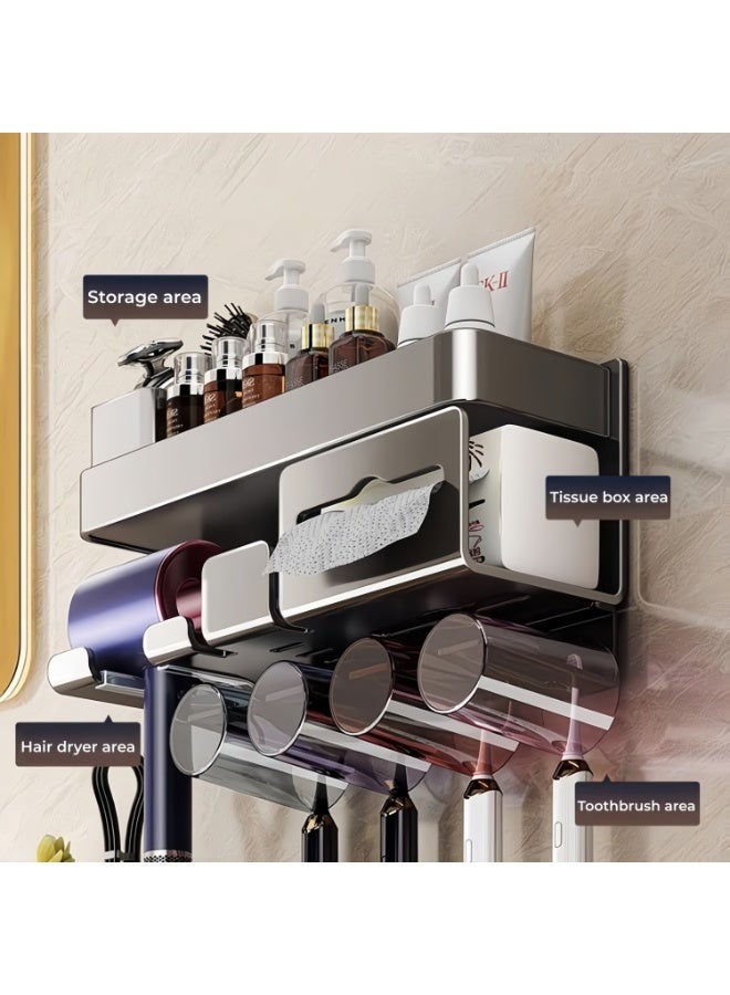 Shangxing Wall-Mounted Bathroom Organizer Shelf with Tissue Holder, Hair Dryer Rack & Hooks – Multifunctional Storage for Toiletries, Towels and Accessories - Image 3