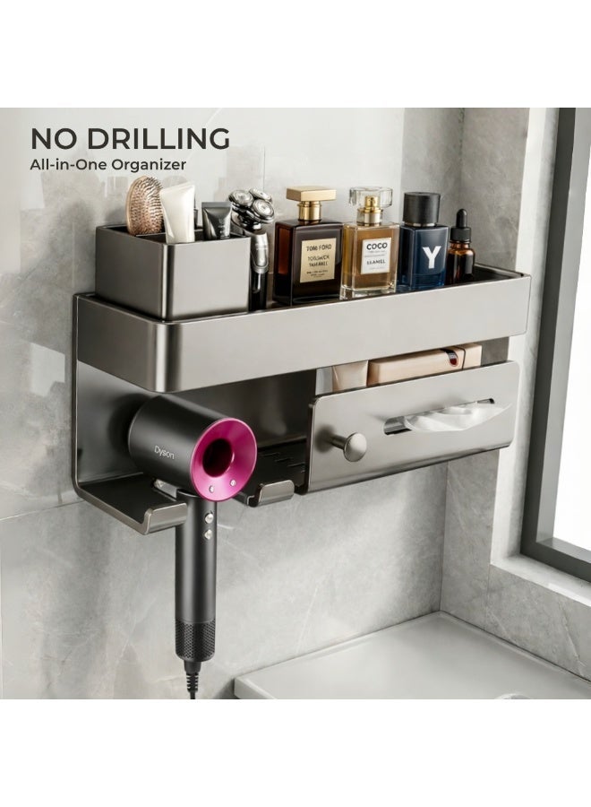 Shangxing Wall-Mounted Bathroom Organizer Shelf with Tissue Holder, Hair Dryer Rack & Hooks – Multifunctional Storage for Toiletries, Towels and Accessories - Image 5