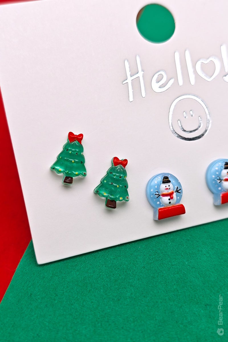Bear & Pear Christmas Earrings Christmas Themed 6-Piece Earring Set Snow Globe and Pine Earrings  - Image 3